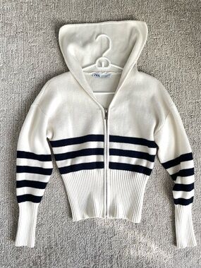 Zara Cream Hoodie Sweater with Navy Stripes